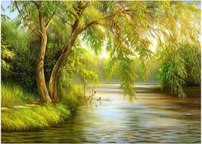 Tablou pe sticlă - Salcie lângă lac, pictură în ulei (70x50 cm)