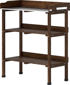 Outsunny Masă de grădină din lemn cu suprafață metalică, rafturi și cârlige pentru grădină, terasă 76x37x89 cm Carbonizat | Aosom Romania