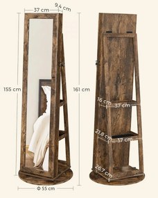 Dulap bijuterii cu oglinda, MDF melaminat / catifea, maro rustic, Songmics