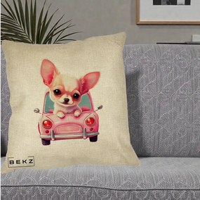 Perna Decorativa Chihuahua Roz in Masinuta, 40x40 cm, Crem, Husa Detasabila, Perna Inclusa, BEKZ®