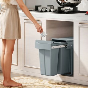 HOMCOM Coș de gunoi de bucătărie glisant 30L cu 2 compartimente, coș sub chiuvetă cu capac mat, 52x26x40,8cm, gri | Aosom Romania