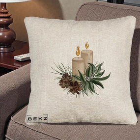 Perna Decorativa Lumanari cu Ilex si Conuri Ilustratie, 40x40 cm, Bej Canapea, Husa Detasabila, Perna Inclusa, BEKZ®