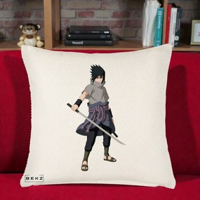 Perna Personalizata Naruto Sasuke Uchiha cu Sabia, 40x40 cm, Crem Reliefat, Husa Detasabila, Perna Inclusa, BEKZ®
