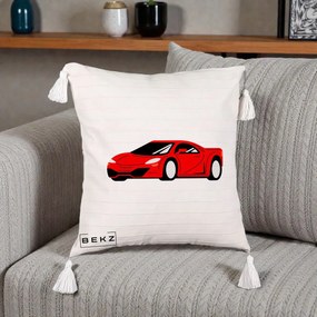 Perna Personalizata Masina Sport Rosie Grafic, 40x40 cm, Bej cu Franjuri, Husa Detasabila, Perna Inclusa, BEKZ®