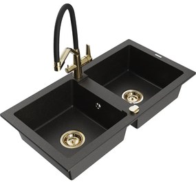 Mexen Mario chiuvetă de bucătărie dublă din granit cu baterie Duo, negru/auriu metalic - 6504-75-671701-57-G