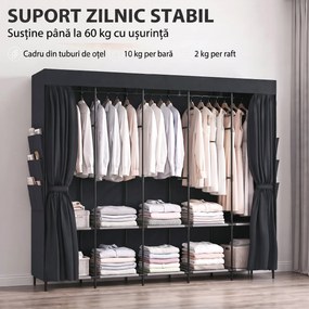 HOMCOM Dulap Textil Compact cu 5 Bare, 5 Rafturi, 6 Buzunare Laterale, Uși Anti-Praf cu Fermoar, Negru | Aosom Romania