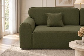 Canapea extensibilă Fiorella din boucle, verde olive, cu ladă de depozitare