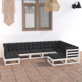 3076805 vidaXL Set mobilier grădină cu perne, 9 piese, alb, lemn masiv de pin