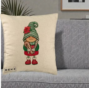 Perna Decorativa Gnom Craciun Verde cu Bomboane si Floare, 40x40 cm, Bej, Husa Detasabila, Perna Inclusa, BEKZ®