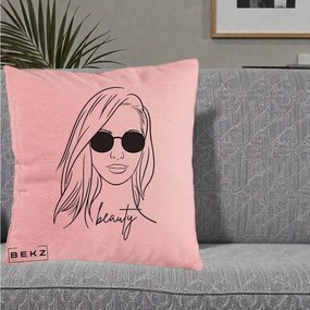Perna Decorativa Beauty Girl Line Art, 40x40 cm, Roz, Husa Detasabila, Perna Inclusa, BEKZ®