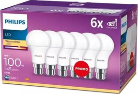 Set 6 becuri LED Philips A60, soclu B22, 13W, 230V, 2700K