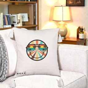 Perna Decorativa Smiley Face Retro Sunset Palmieri, 40x40 cm, Bej cu Franjuri, Husa Detasabila, Perna Inclusa, BEKZ®