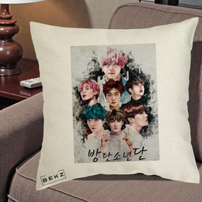 Perna Personalizata K-pop BTS Bangtan Boys Poster Artistic Negru Alb, 40x40 cm, Ecru, Husa Detasabila, Perna Inclusa, BEKZ®