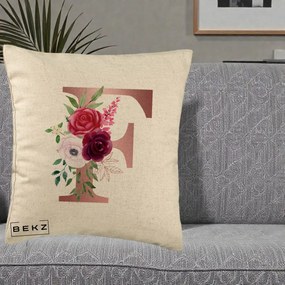 Cadou Personalizat - Perna Personalizata Monograma Rose Gold Litera F, 40x40 cm, Bej, Husa Detasabila, Perna Inclusa, BEKZ®