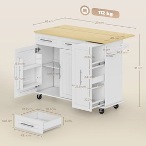 HOMCOM Insulă de bucătărie mobilă, suprafață extensibilă, uși de dulap, sertare, suport pentru prosop, cărucior de bucătărie din MDF, Alb | Aosom Romania