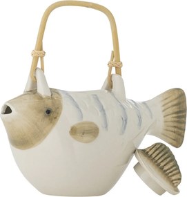 Ceainic din ceramică, în formă de pește, pictat manual, cu infuzor și mâner natur, „Wrenna", 24 x 13 x 13,5 cm