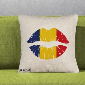 Perna Personalizata Buze Tricolor Romania, 40x40 cm, Bej Canapea, Husa Detasabila, Perna Inclusa, BEKZ®