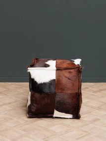 Puf din piele de vacă cu păr, maro, cu panouri în patchwork, 46 x 46 x 46 cm, „Brown”