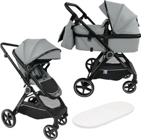 Carucior copii 2 in 1 Kidizi Moveo gri, landou transformabil in parte sport, cadru black, de la nastere pana la 22 kg (0–4 ani), saltea si geanta incluse