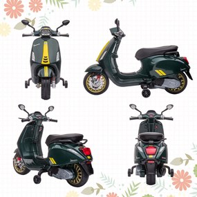 AIYAPLAY Motocicletă electrică pentru copii Vespa 6V dim. 107L x 47l x 73H cm Muzică MP3 Port USB Far 2 roți de antrenare - Verde | Aosom Romania