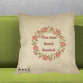 Cadou pentru Bunica - Perna Personalizata Cea Mai Buna Bunica Coronita Trandafiri Roz Clasic, 40x40 cm, Crem, Husa Detasabila, Perna Inclusa, BEKZ®