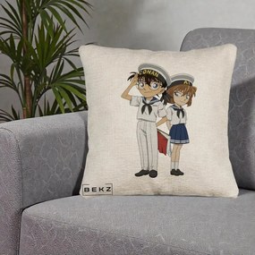 Perna Personalizata Detective Conan Conan si Ai Sailor, 40x40 cm, Bej Canapea, Husa Detasabila, Perna Inclusa, BEKZ®