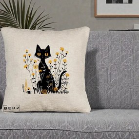 Perna Decorativa Pisica Neagra Ochi Galbeni Flori Galbene, 40x40 cm, Bej Canapea, Husa Detasabila, Perna Inclusa, BEKZ®