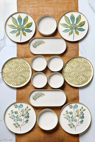 Set mic dejun MCH009904, 14 piese, alb/verde/galben, ceramica