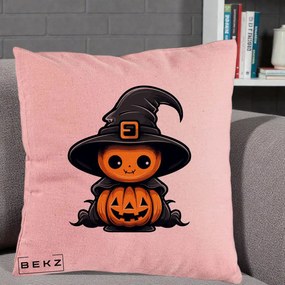 Perna Decorativa Halloween Dovleac Vrajitor Kawaii, 40x40 cm, Roz, Husa Detasabila, Perna Inclusa, BEKZ®
