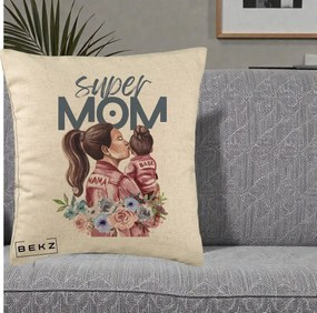 Cadou pentru Mama - Perna Personalizata Super Mom Mama cu Bebelusul, 40x40 cm, Bej, Husa Detasabila, Perna Inclusa, BEKZ®