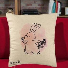 Perna Decorativa Iepuras Kawaii cu Cosulet Floral, 40x40 cm, Bej, Husa Detasabila, Perna Inclusa, BEKZ®