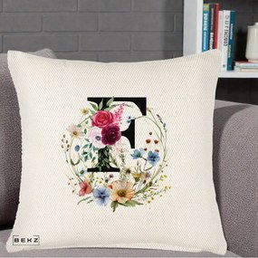 Cadou Personalizat - Perna Personalizata Monogram Litera F cu Flori Acuarela, 40x40 cm, Crem Reliefat, Husa Detasabila, Perna Inclusa, BEKZ®