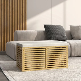 HOMCOM Bancă de depozitare, cufăr tapițat din material cu aspect de in, capac și structură din bambus, gri și lemn natural | Aosom Romania