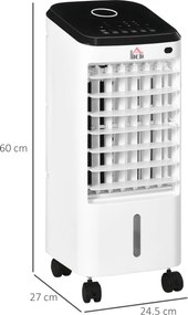 HOMCOM Răcitor Evaporativ 3-în-1, Ventilator, Umidificator cu Gheață și Dezumidificator, 3 Viteze, 3 Moduri și Telecomandă, Timer 12 Ore, 65W din ABS, 24.5x27x60 cm, Alb | Aosom Romania