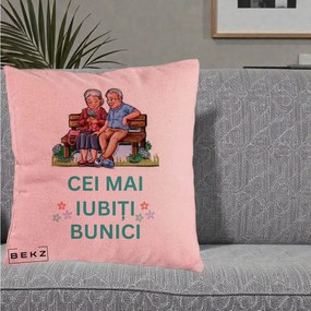 Cadou pentru Bunici - Perna Personalizata Cei Mai Iubiti Bunici Cuplu pe Banca Ilustratie, 40x40 cm, Roz, Husa Detasabila, Perna Inclusa, BEKZ®