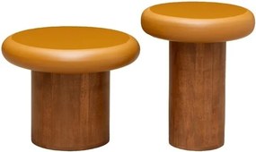 Set 2 măsuțe laterale rotunde din lemn de mango și metal, muștar și maro, cu bază cilindrică, 41 x 49 cm, „Humus”