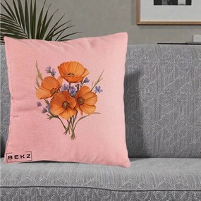 Perna Decorativa Maci Portocalii cu Floricele Albastre, 40x40 cm, Roz, Husa Detasabila, Perna Inclusa, BEKZ®