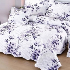 Set cuvertura de pat si 4 fete de perne, pat 2 persoane, 100% bumbac, alb / violet, E-S257