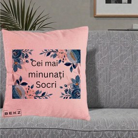 Cadou pentru Socri - Perna Personalizata Cei mai Minunati Socri cu Flori Albastre si Roz, 40x40 cm, Roz, Husa Detasabila, Perna Inclusa, BEKZ®