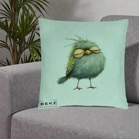 Perna Decorativa Pasare Teal Adormita cu Ochi Galbeni, 40x40 cm, Verde Menta, Husa Detasabila, Perna Inclusa, BEKZ®