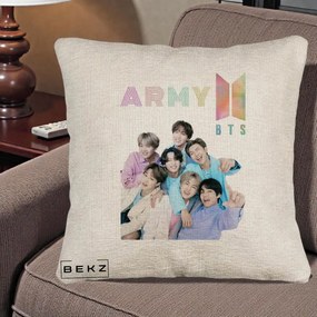 Perna Personalizata K-pop BTS ARMY Fotografie Grup Veseli, 40x40 cm, Bej Canapea, Husa Detasabila, Perna Inclusa, BEKZ®