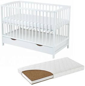 Patut din lemn masiv cu sertar si capac 120x60 cm Kidizi Orella alb si saltea cocos LUX 120x60x9 cm,reglabil pe 3 nivele, certificat EN71