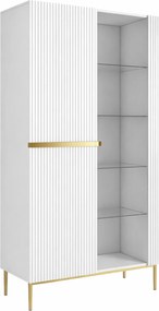 Vitrina Nicole 100 cm cu fata canelata - picioare alb mat / auriu