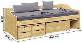 Pat cu spaţiu de depozitare, natural, lemn masiv, 90x200, MAXI NEW