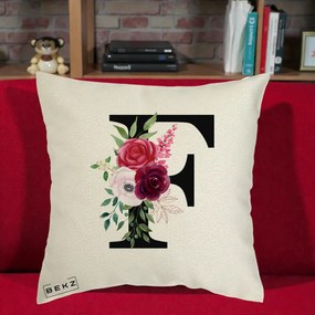 Cadou Personalizat - Perna Personalizata Monograma Florala Litera F, 40x40 cm, Ecru, Husa Detasabila, Perna Inclusa, BEKZ®