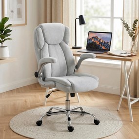 Scaun Ergonomic HOMCOM, Spătar Înalt, Tapițat în Catifea Imprimată, Cotiere Rabatabile, Alb Crem | Aosom Romania