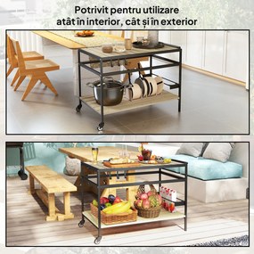 Outsunny Cărucior cu Roți din Lemn cu 2 Rafturi, 3 Cârlige, Blat cu Lamele și Mâner 107x65x80 cm Natural | Aosom Romania