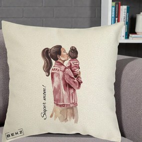 Cadou pentru Mama - Perna Personalizata Super Mom Jachete Roz, 40x40 cm, Ecru, Husa Detasabila, Perna Inclusa, BEKZ®