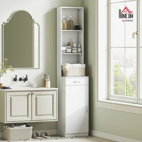 HOMCOM Dulap înalt pentru baie, design subţire, sertar, rafturi, dulap, placaj, alb | Aosom Romania