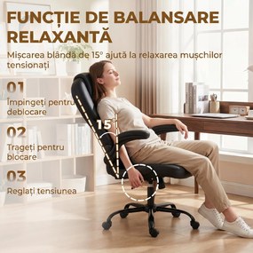 HOMCOM Scaun de Birou Rotativ, Funcție de Balansare, Suporturi Rabatabile pentru Brațe, Spătar Înalt, Înălțime Reglabilă, Negru | Aosom Romania